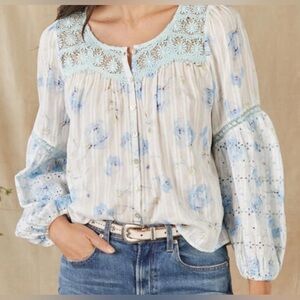 LoveShackFancy Belle Revival Blue Floral Puff Sleeve Cotton Blouse size medium